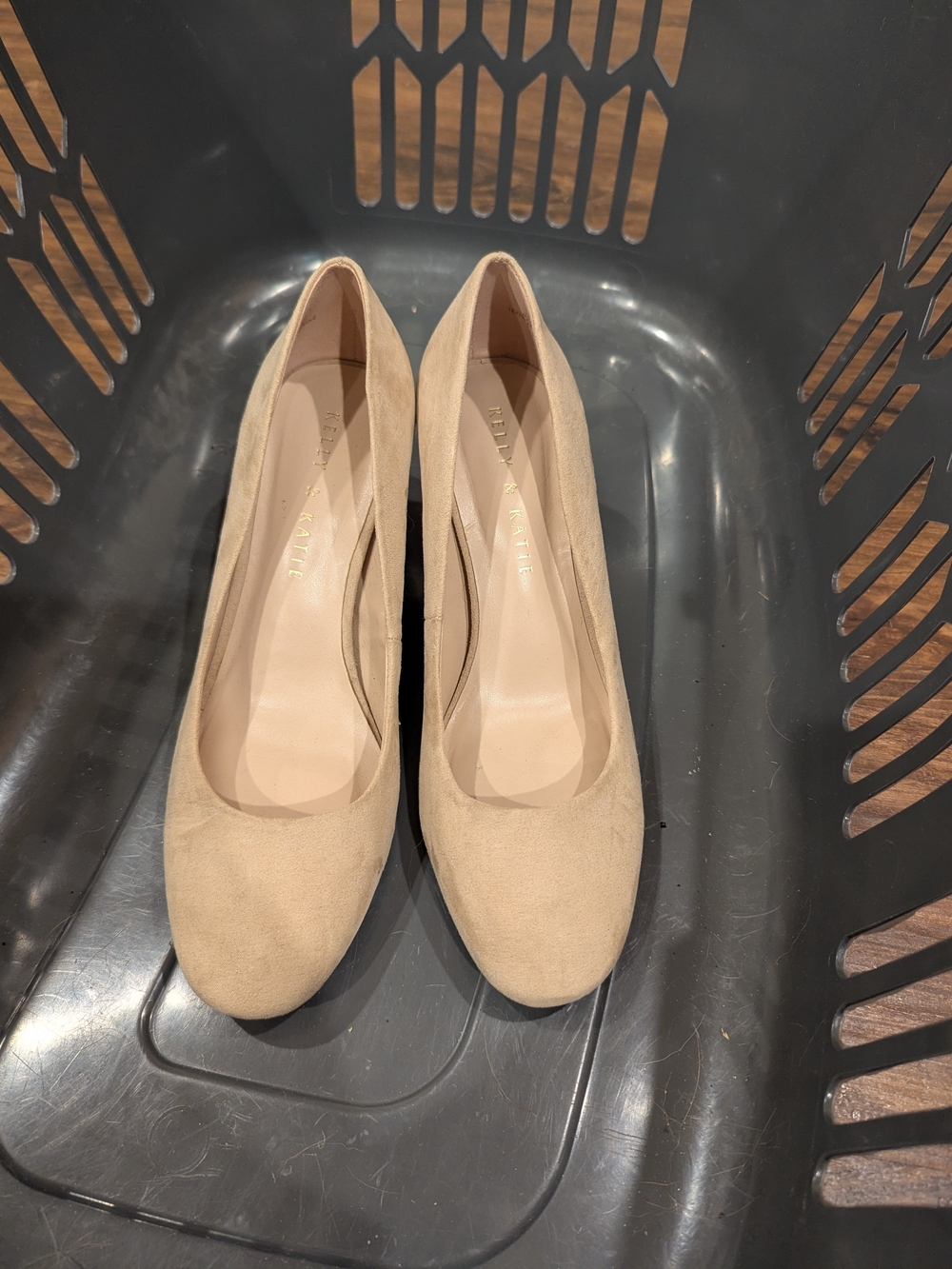Kelly & Katie Beige Suede-Look Round Toe Block Heel Pumps